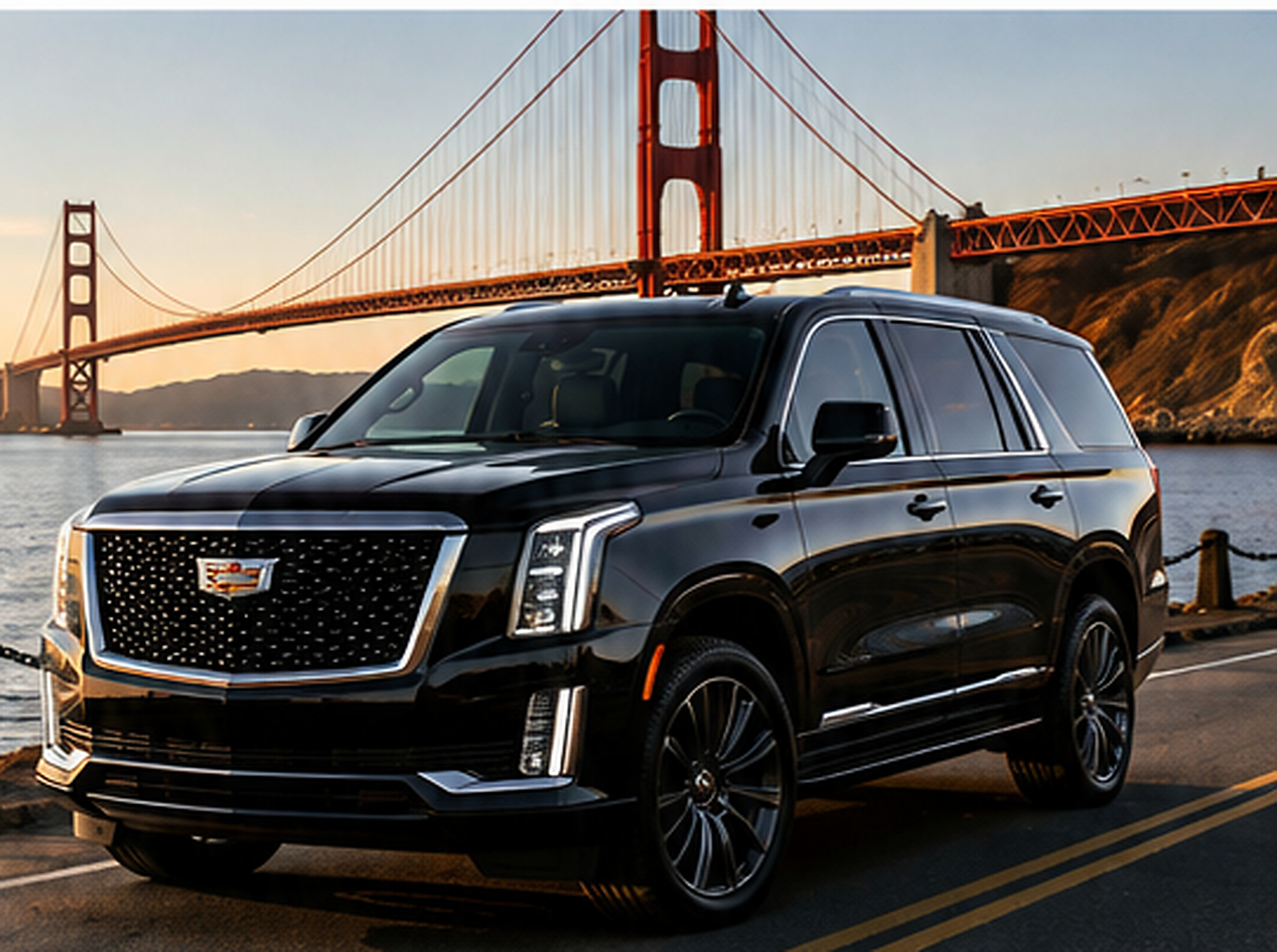 Luxury black SUV with San Francisco skyline and bridge